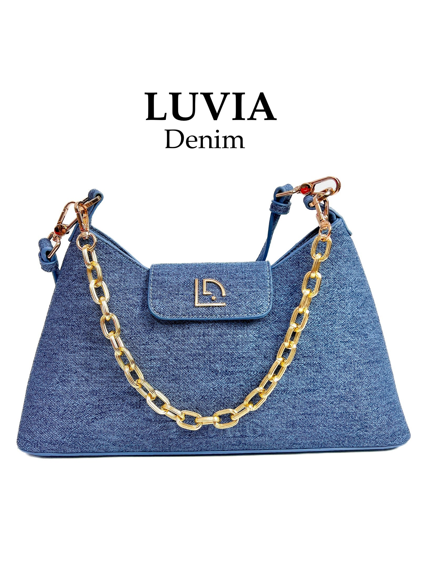 Blue trendy PU leather denim woman handbag with gold hardware LUVIA collection of LAVI.G Brand in Malaysia.
