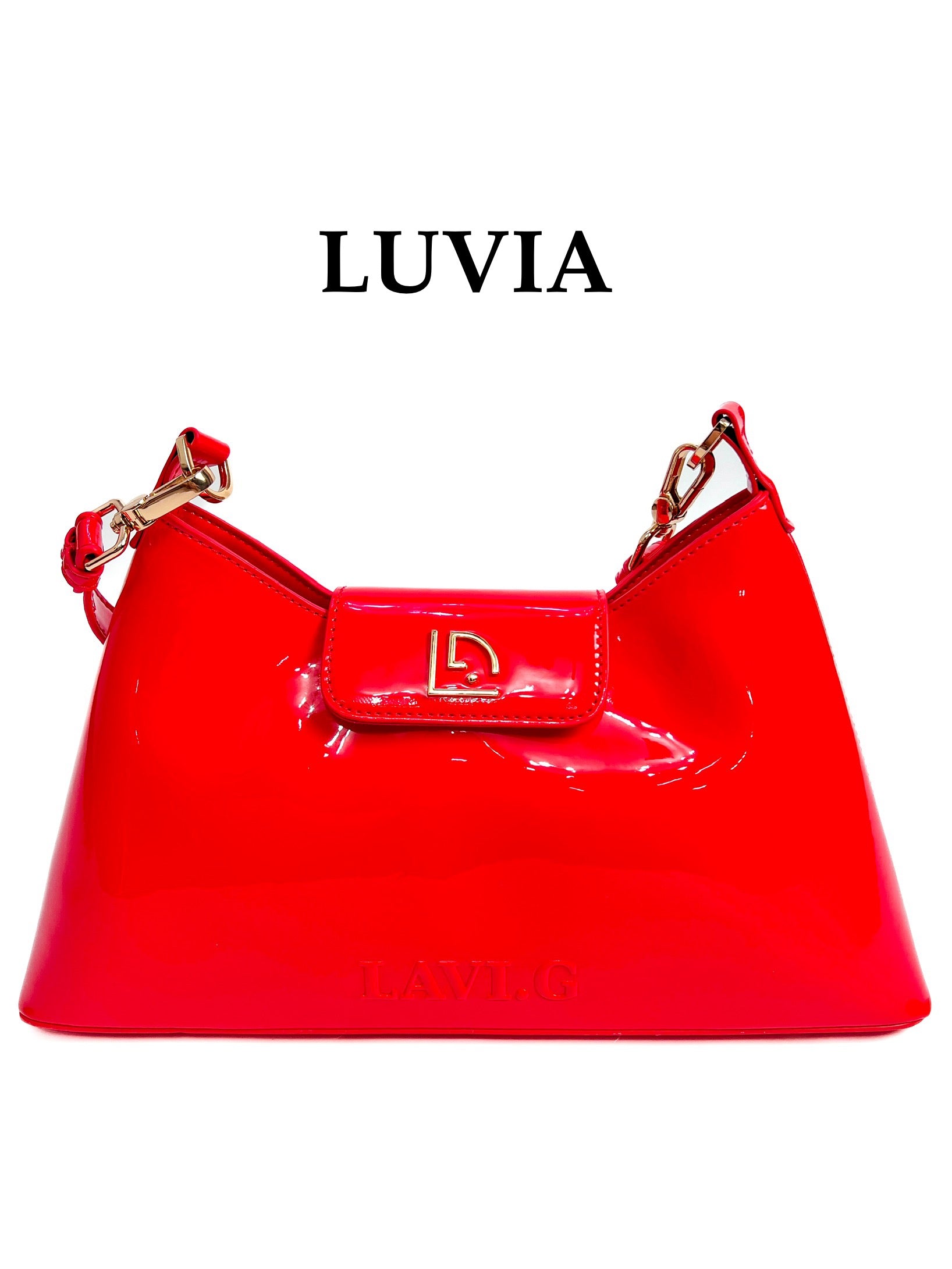 Red trendy PU leather woman glossy handbag with gold hardware LUVIA collection of LAVI.G Brand in Malaysia.
